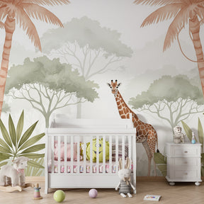 Safari themed giraffe wallpaper with natural wood furniture in cozy kids room setting