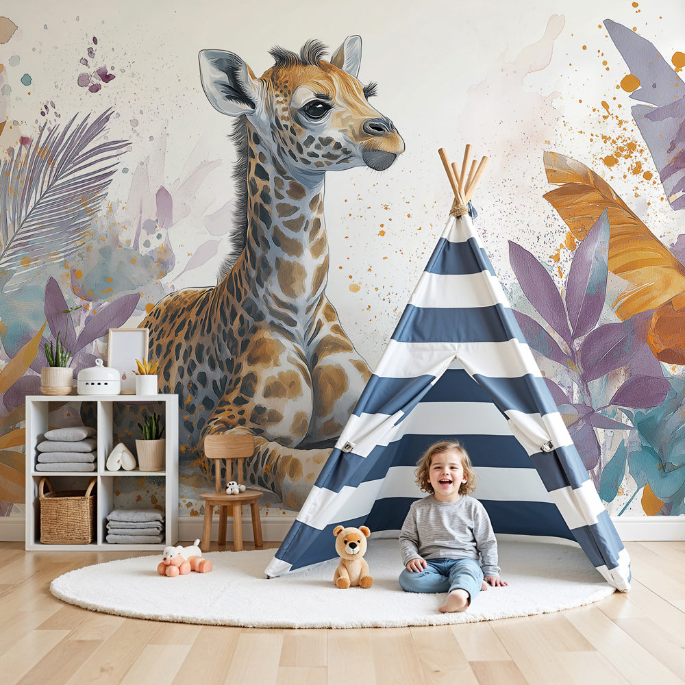 Giraffe jungle mural wallpaper in modern nursery with natural wood crib by Kids-Mundo