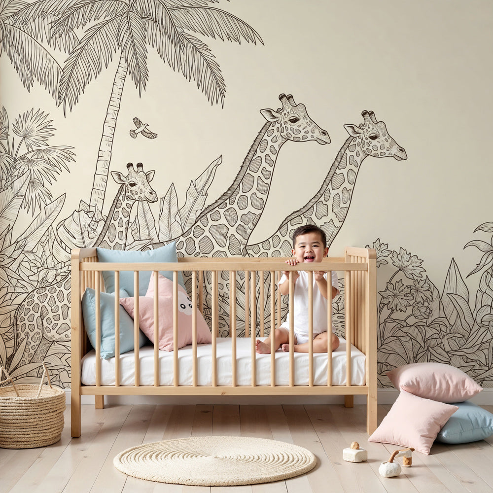 Giraffe jungle mural wallpaper creating safari-themed nursery decor with tropical animals by Kids-Mundo