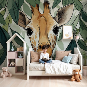 Giraffe jungle mural wallpaper in modern nursery with natural wood furniture by Kids-Mundo