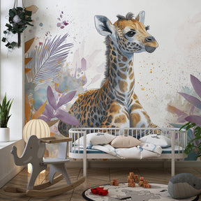 Children's giraffe wallpaper transforming playroom into tropical jungle adventure space