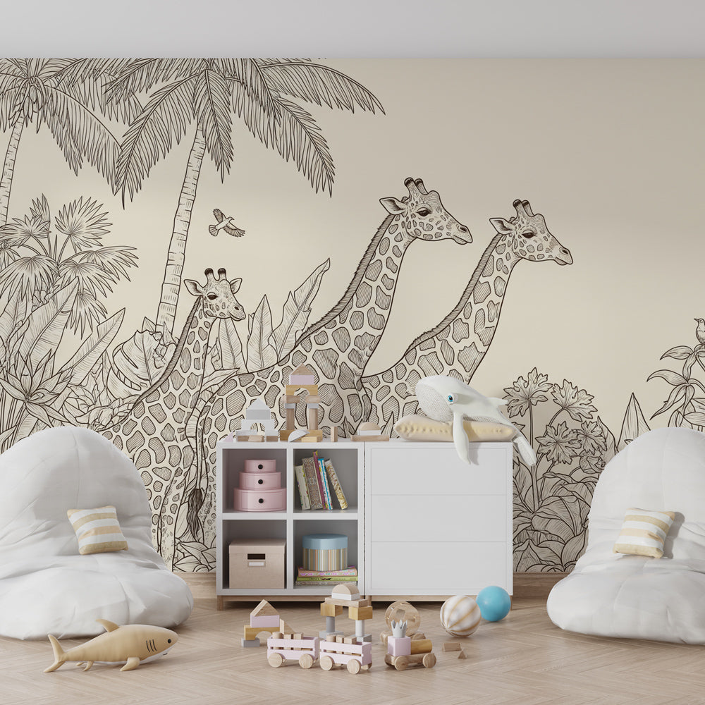 Tropical giraffe mural wallpaper for children's playroom with wildlife theme by Kids-Mundo