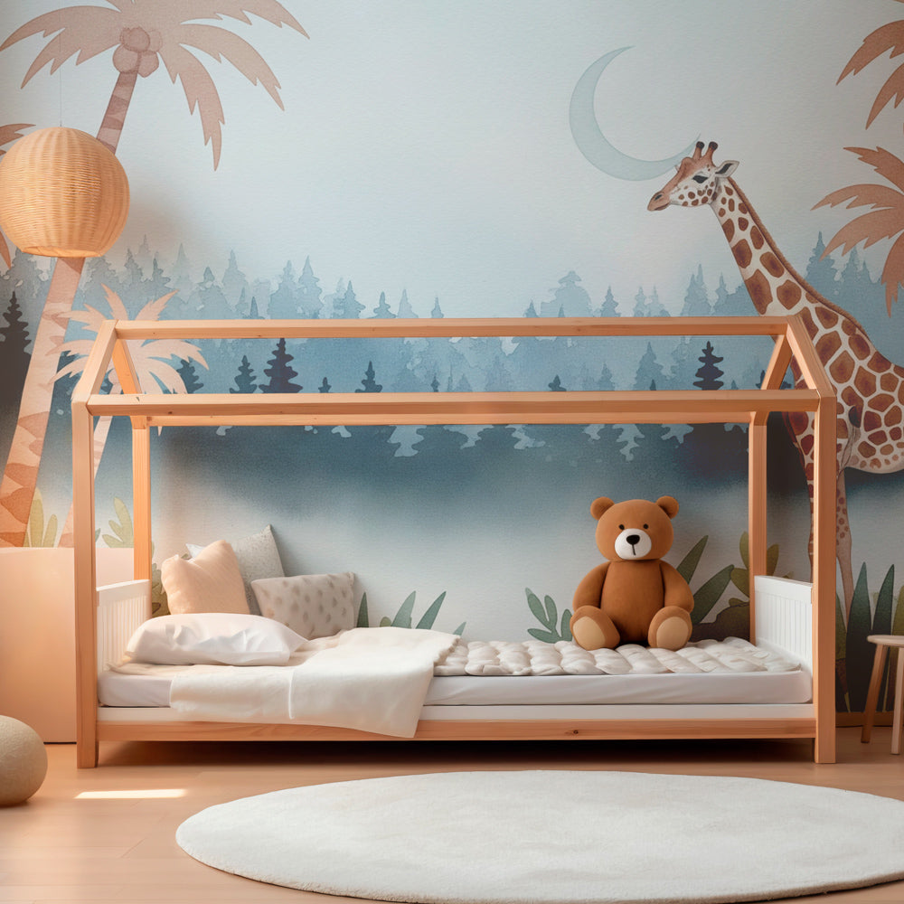 Safari jungle wallpaper with giraffe creating imaginative play space for kids by Kids-Mundo
