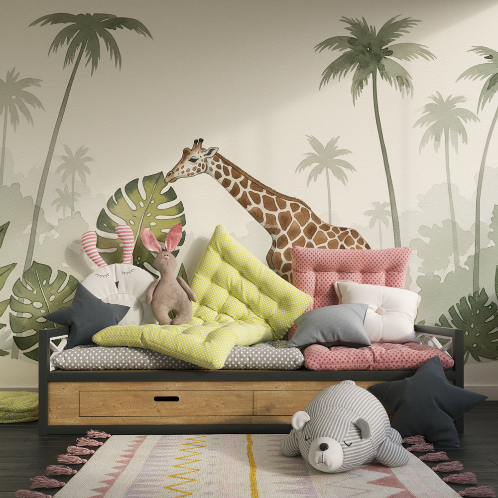 Safari themed giraffe mural wallpaper transforming children's playroom space