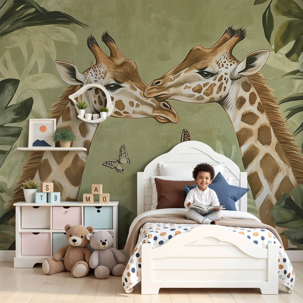 Elegant giraffe jungle mural wallpaper in modern nursery room with natural wooden furniture by Kids-Mundo