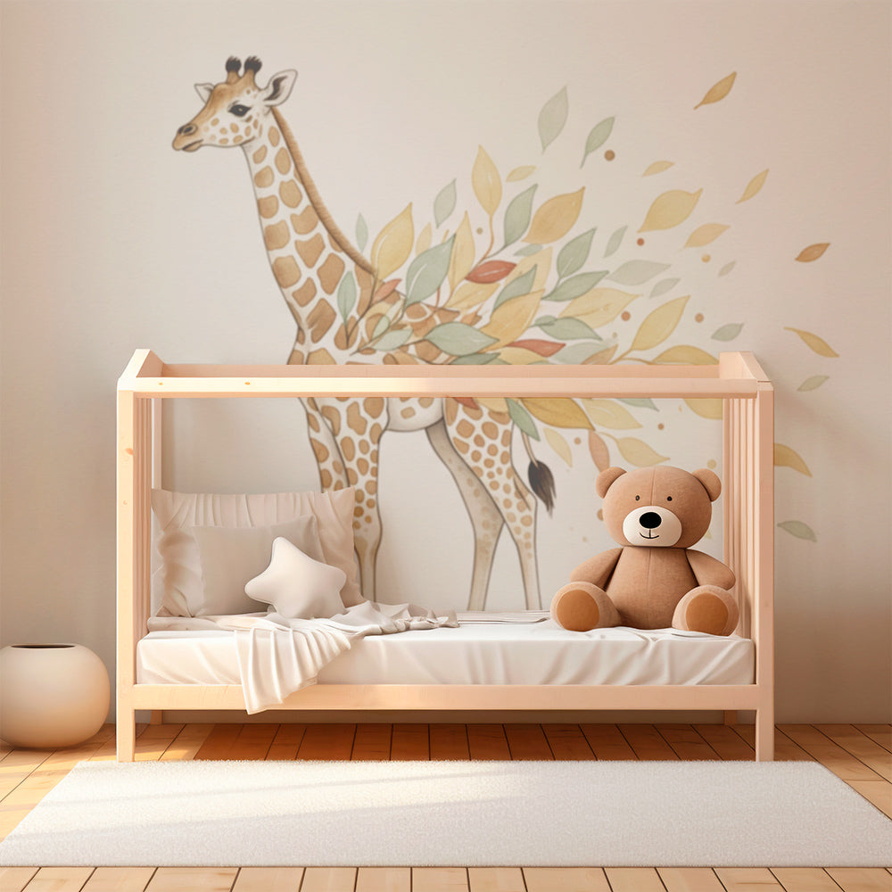 Kids-Mundo watercolour giraffe mural with leaf trail on a feature wall in a kids bedroom