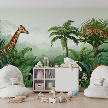 Kids-Mundo jungle wall mural with giraffe, leopard and toucan behind a child's bed