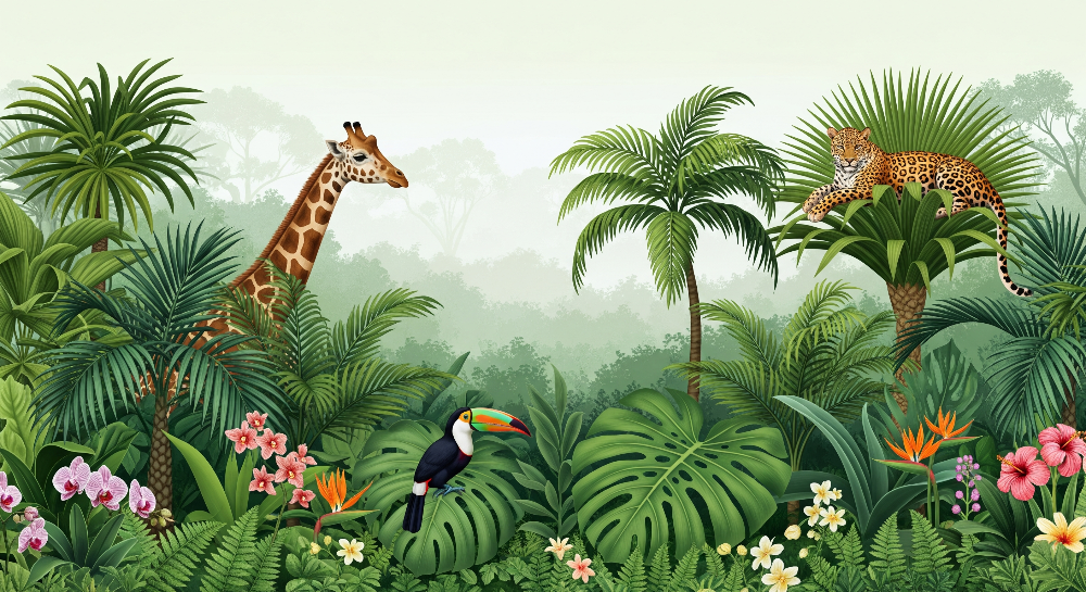 Giraffe, Leopard and Toucan Jungle Wall Mural