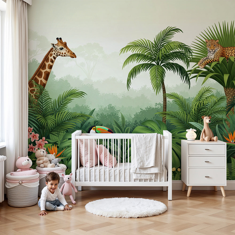 Kids-Mundo giraffe and leopard jungle wall mural behind a cot in a soft green nursery