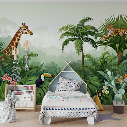 Kids-Mundo giraffe, leopard and toucan mural covering a playroom wall with a rug