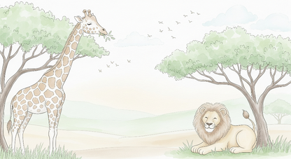 Kids-Mundo flat artwork of a giraffe and lion resting beneath acacia trees on a savanna
