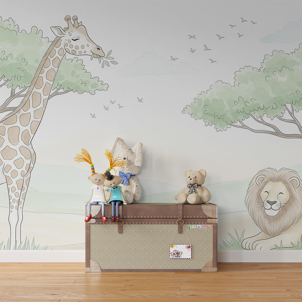 Kids-Mundo giraffe and lion wall mural set behind toy storage in a playroom