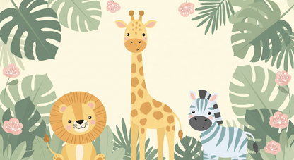 Kids-Mundo flat artwork of a giraffe, lion and zebra safari wall mural design with tropical leaves.