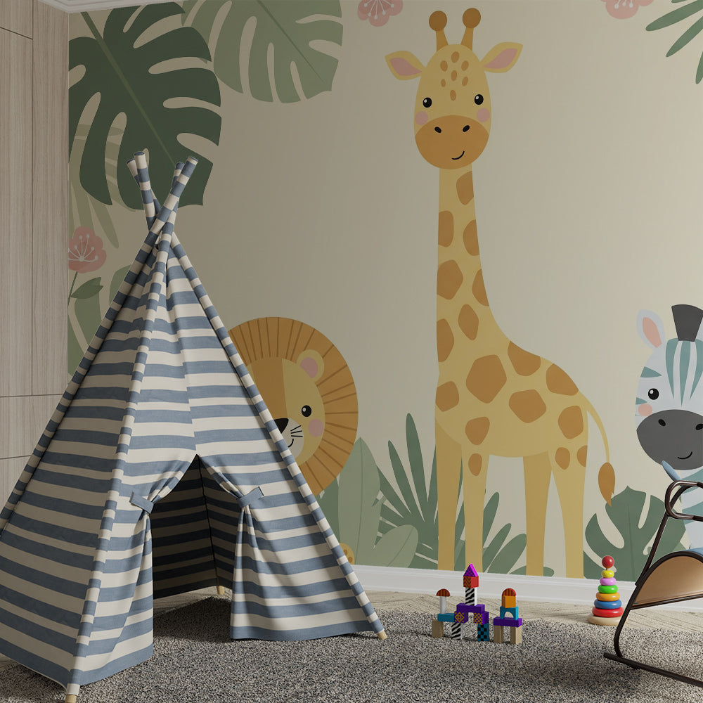 Kids-Mundo jungle safari mural with giraffe, lion and zebra brightening a children's playroom.