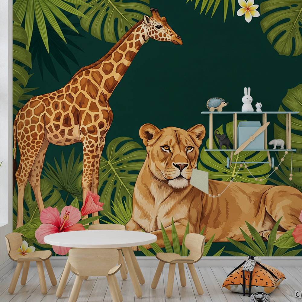 Kids-Mundo safari jungle wall mural covering a feature wall behind a bed