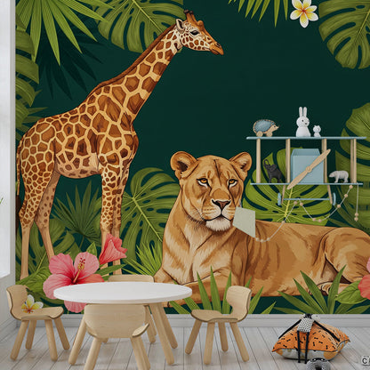 Kids-Mundo safari jungle wall mural covering a feature wall behind a bed