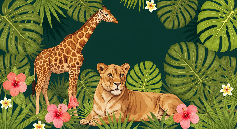 Giraffe and Lioness Safari Jungle Wall Mural
