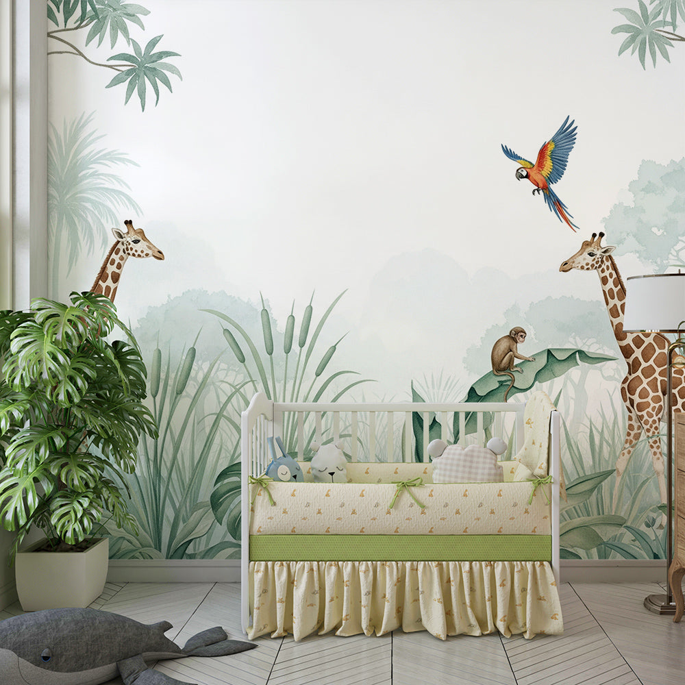 Kids-Mundo giraffe and macaw mural on a feature wall in a bright children's bedroom