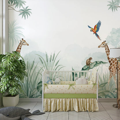 Kids-Mundo giraffe and macaw mural on a feature wall in a bright children's bedroom