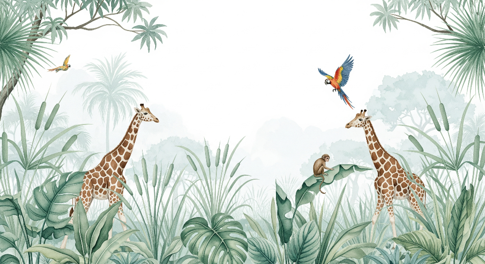 Kids-Mundo giraffe jungle artwork with macaw and monkey in soft watercolour greens