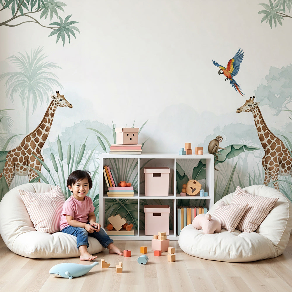 Kids-Mundo giraffe jungle wall mural styled in a soft, green-toned nursery with cot