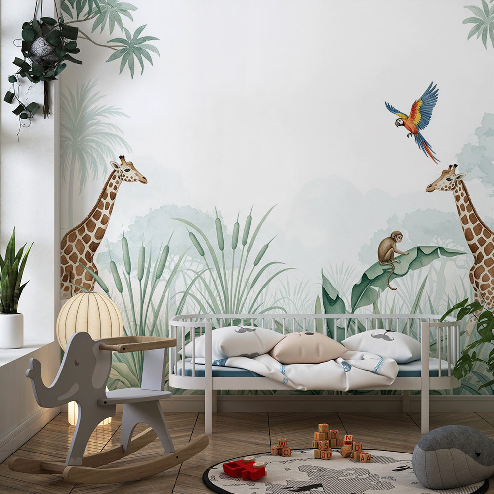 Kids-Mundo misty jungle giraffe mural brightening a calm children's playroom wall
