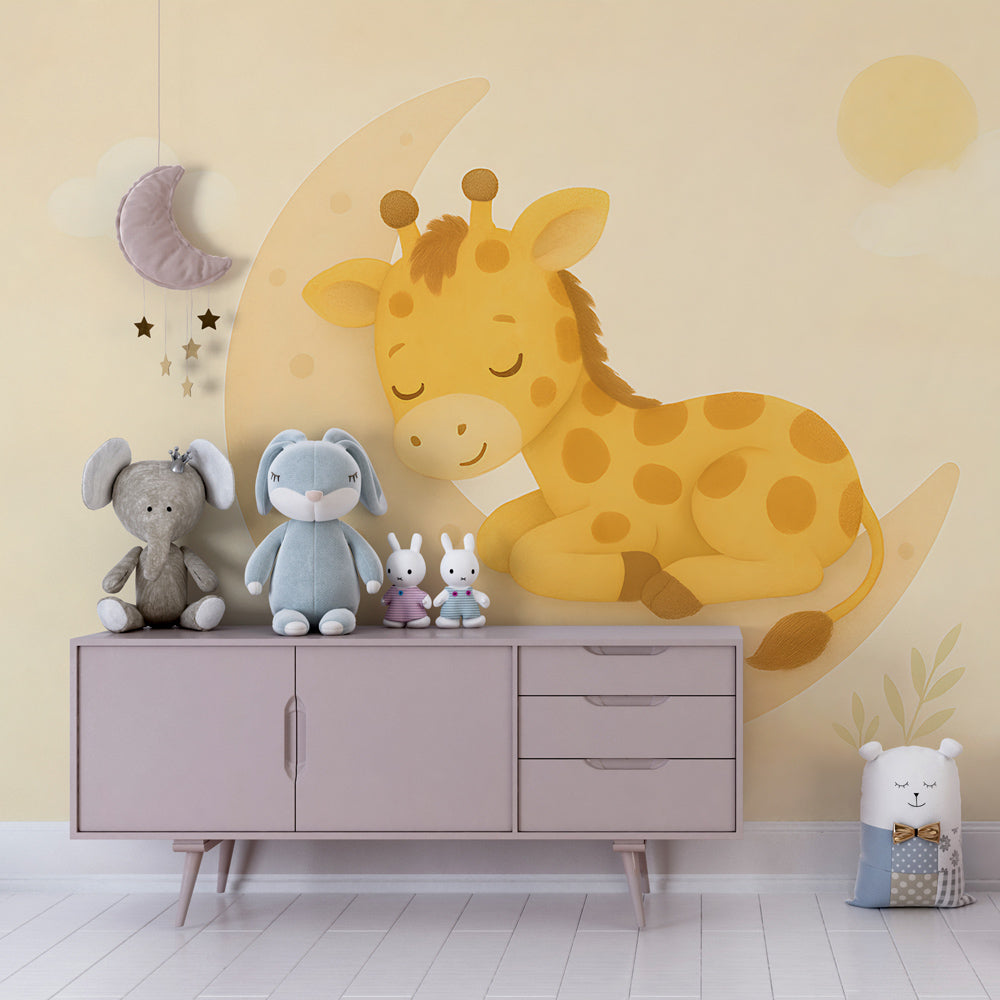 Sleeping giraffe mural wallpaper complementing light wood nursery furniture