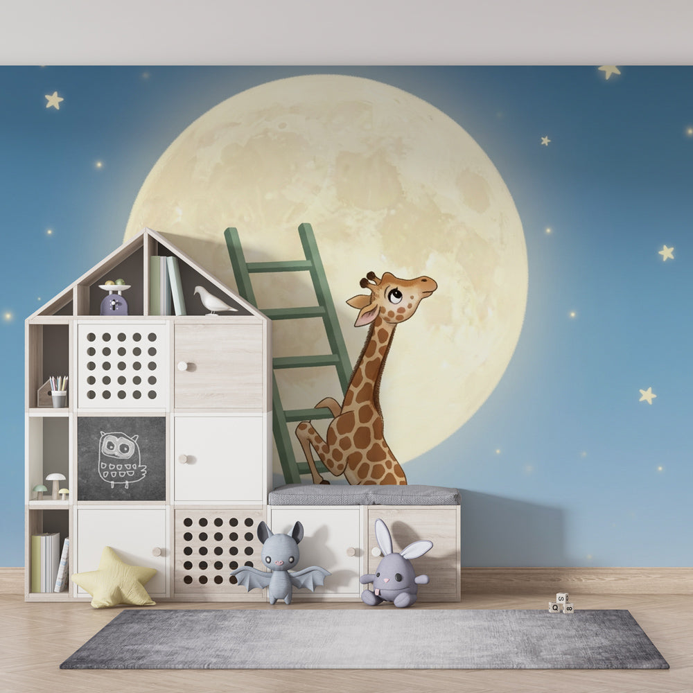 Night sky giraffe mural wallpaper transforming toddler room into magical bedtime sanctuary