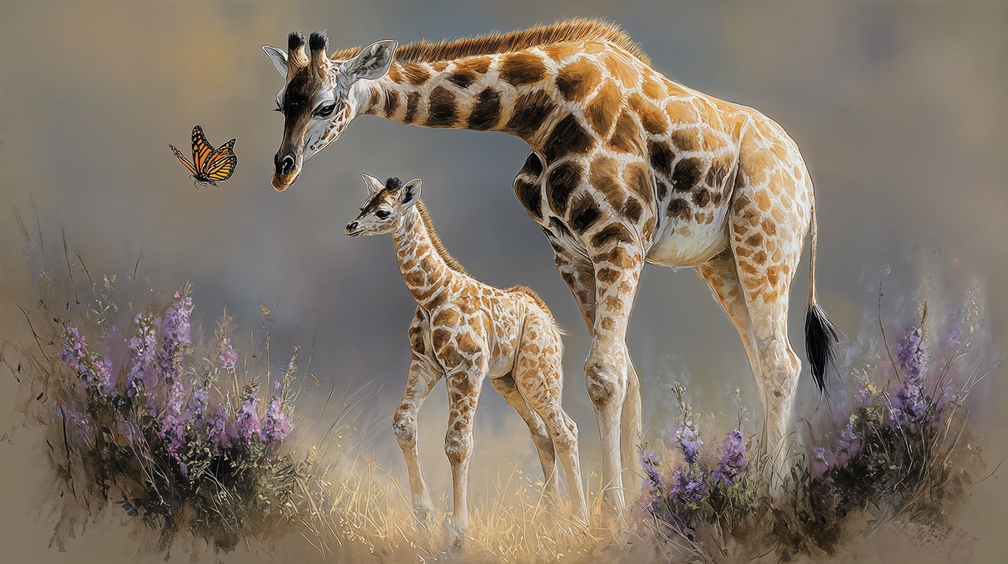 Kids-Mundo flat artwork of a painted giraffe mother and calf among lavender grass