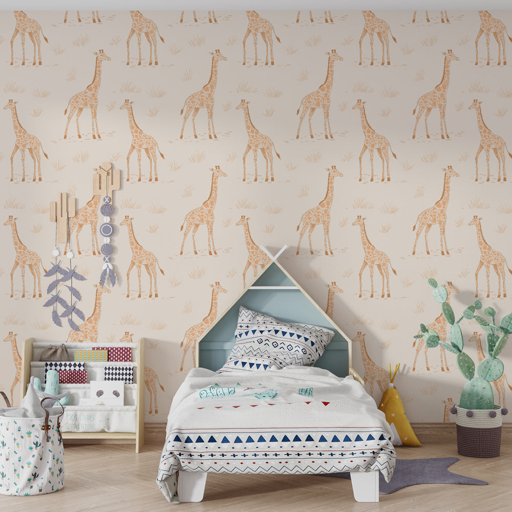Safari giraffe wallpaper transforming children's bedroom with soft animal motifs and calming atmosphere
