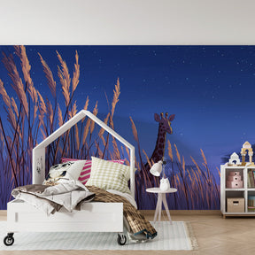 Starry safari giraffe wallpaper transforming children's bedroom into dreamy wildlife sanctuary