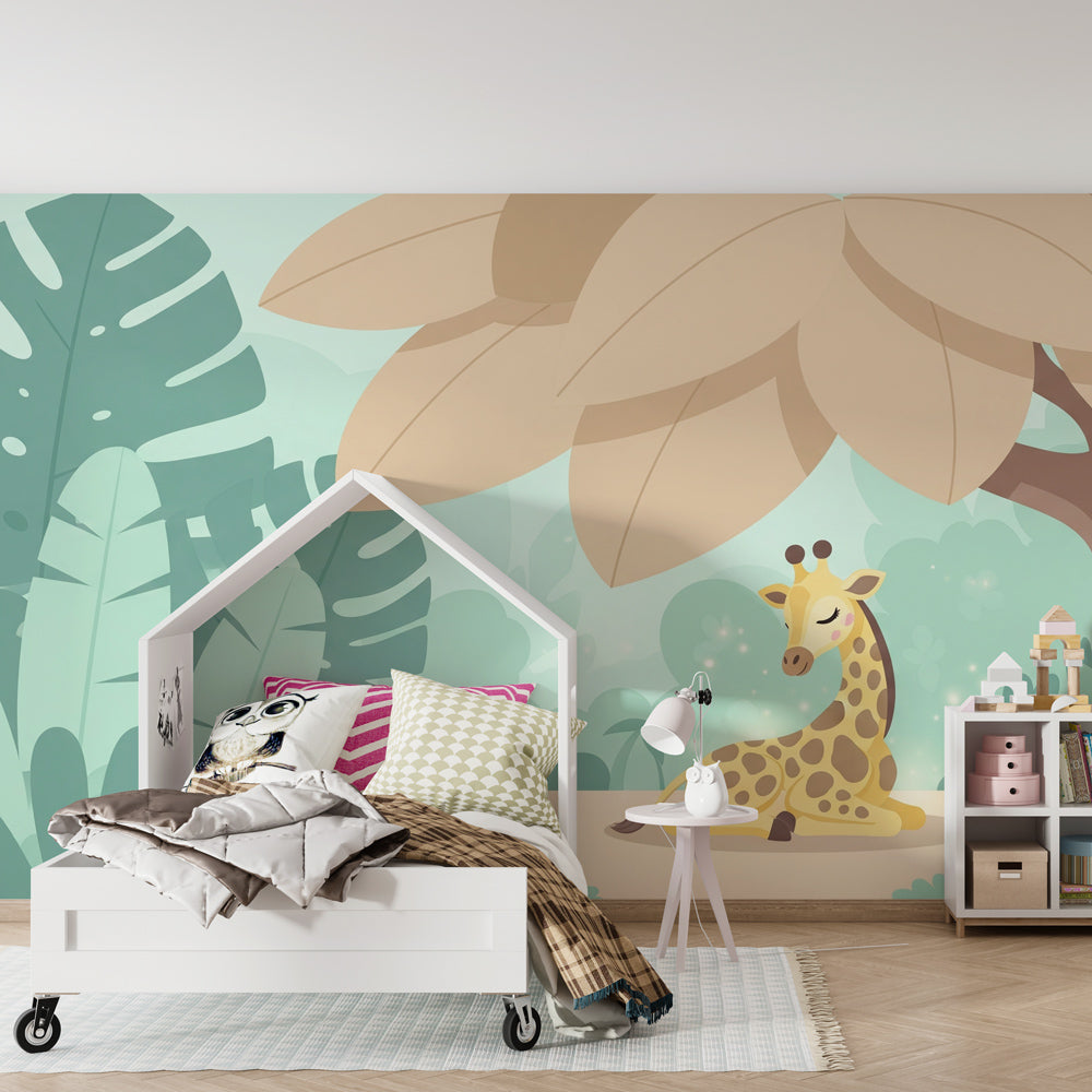 Safari giraffe wallpaper creating calming atmosphere in children's bedroom with soft lighting