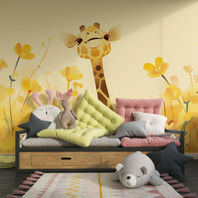 Floral giraffe mural wallpaper creating magical kids bedroom atmosphere with colorful flowers