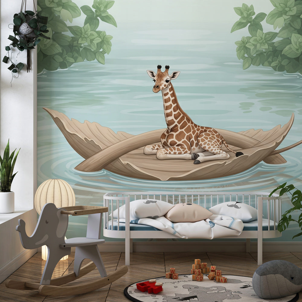 Safari animal wallpaper with giraffe on floating rock in peaceful kids bedroom setting