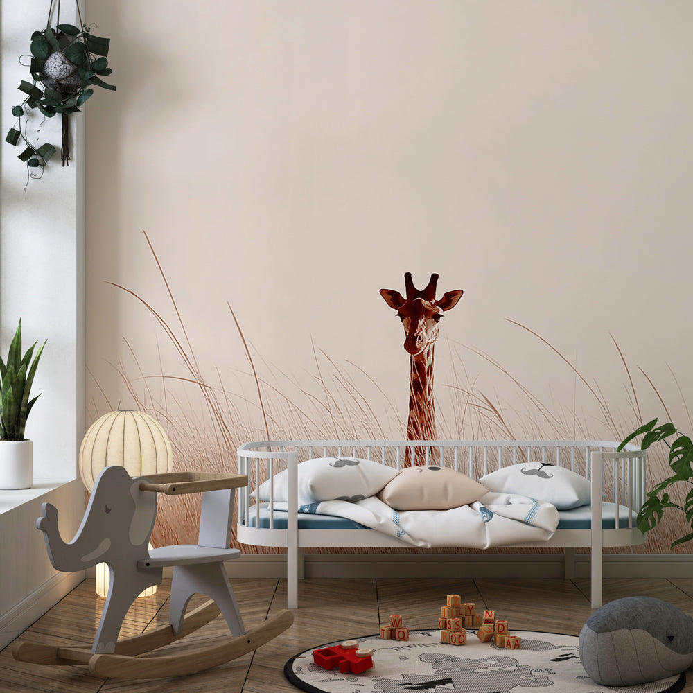 Safari giraffe wallpaper creating peaceful children's bedroom with soft beige tones and natural elements