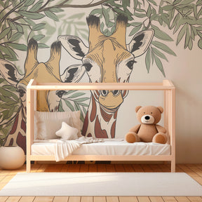 Two friendly giraffes wallpaper creating safari atmosphere in children's bedroom