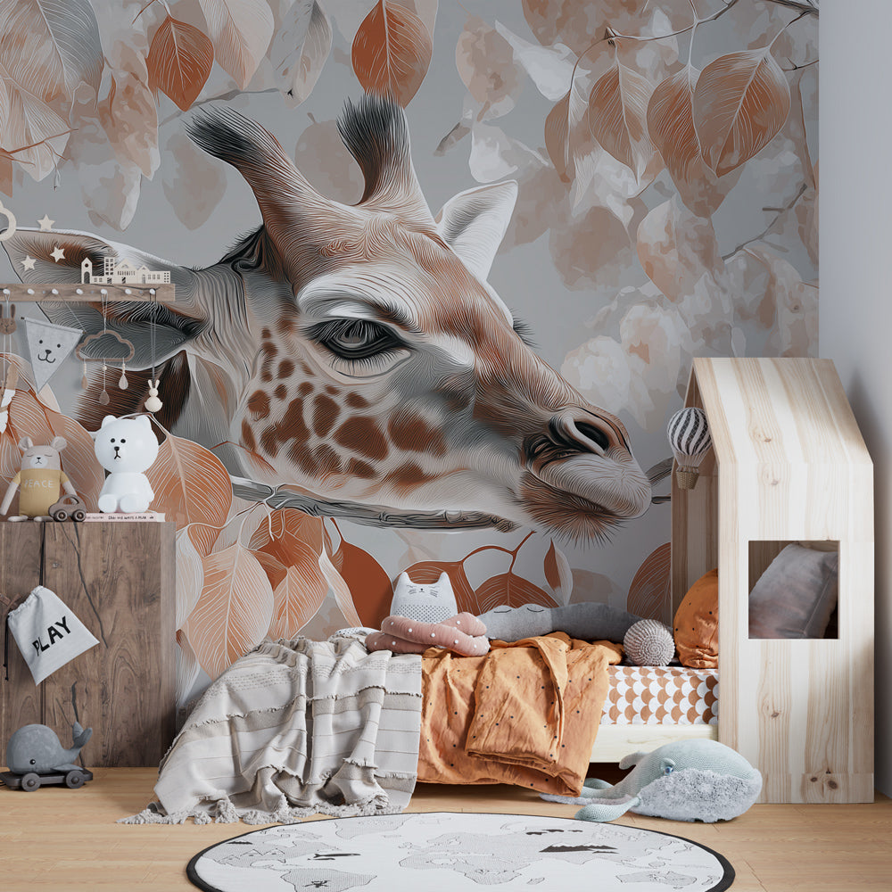 Giraffe safari mural wallpaper in modern kids bedroom with warm autumn foliage design