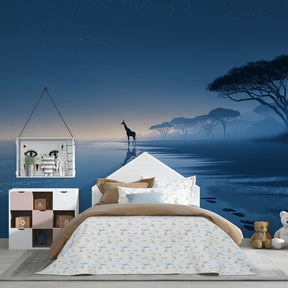 Blue starry night giraffe wallpaper for children's room decor by Kids-Mundo