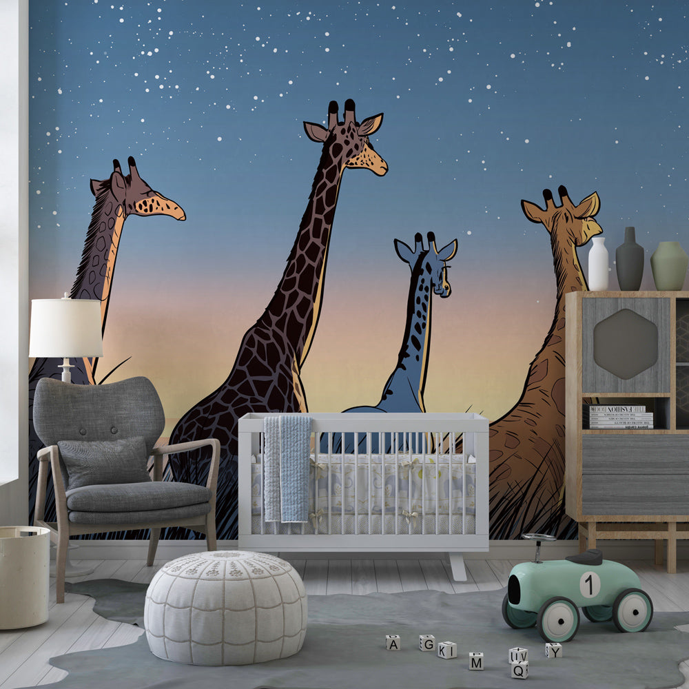 Safari giraffe wallpaper creating peaceful atmosphere in kids bedroom decor