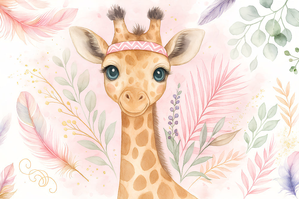 Detailed giraffe with tropical foliage mural wallpaper design pattern by Kids-Mundo