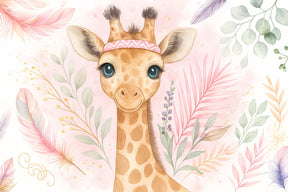 Detailed giraffe with tropical foliage mural wallpaper design pattern by Kids-Mundo