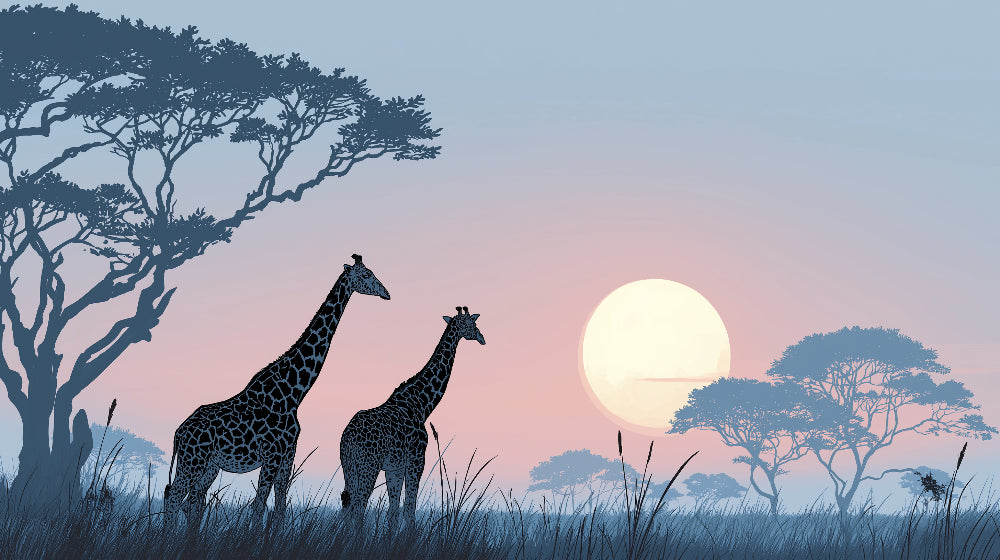 Detailed moonlit giraffe safari mural wallpaper design pattern by Kids-Mundo