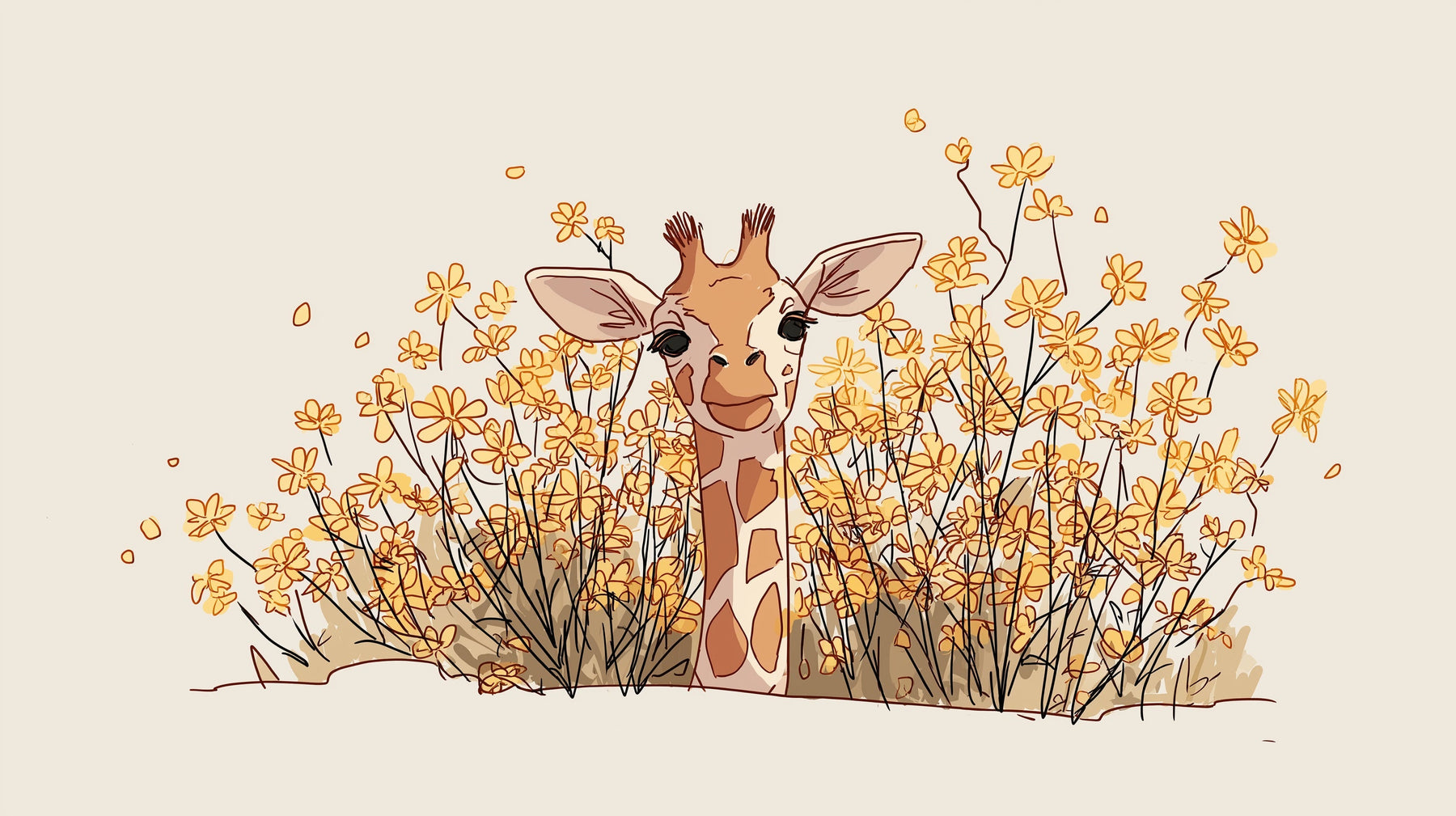 Detailed giraffe and yellow flowers mural wallpaper design pattern by Kids-Mundo