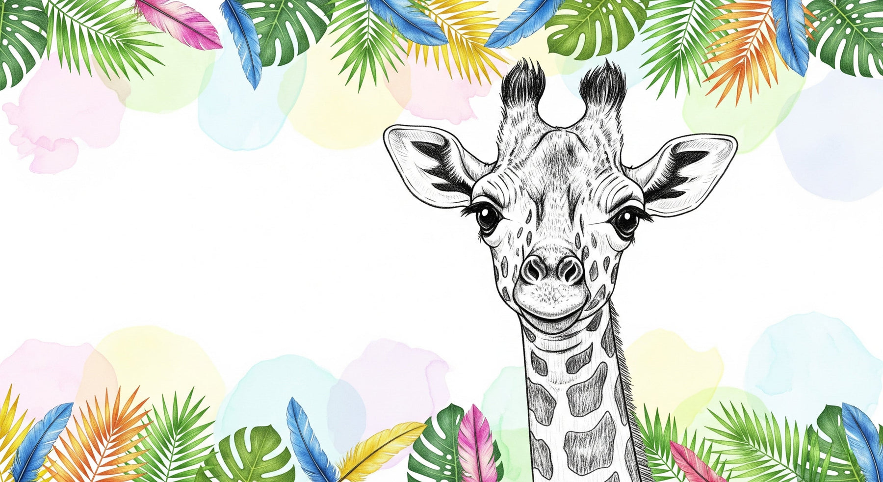 Detailed giraffe and tropical foliage mural wallpaper design pattern by Kids-Mundo