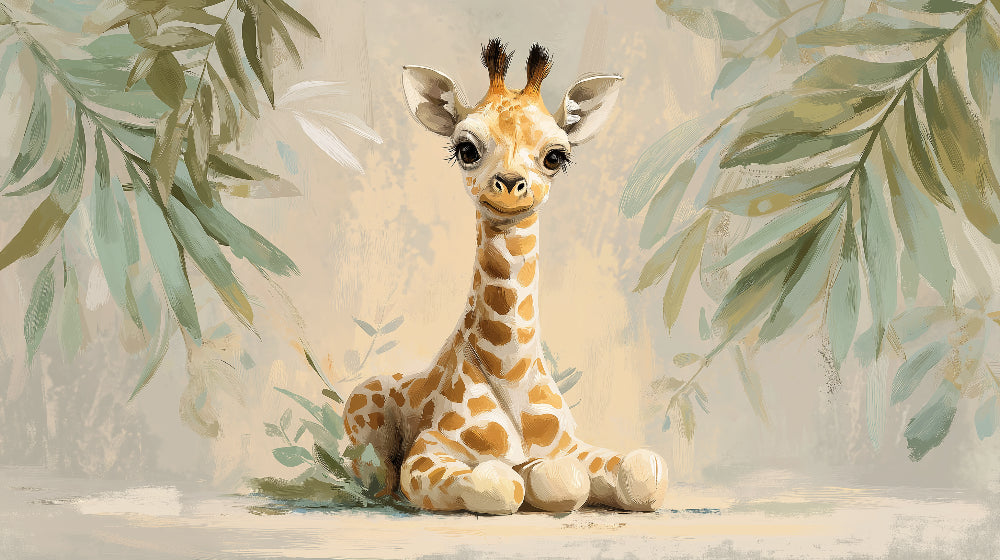 Detailed giraffe and lush foliage mural wallpaper design pattern by Kids-Mundo