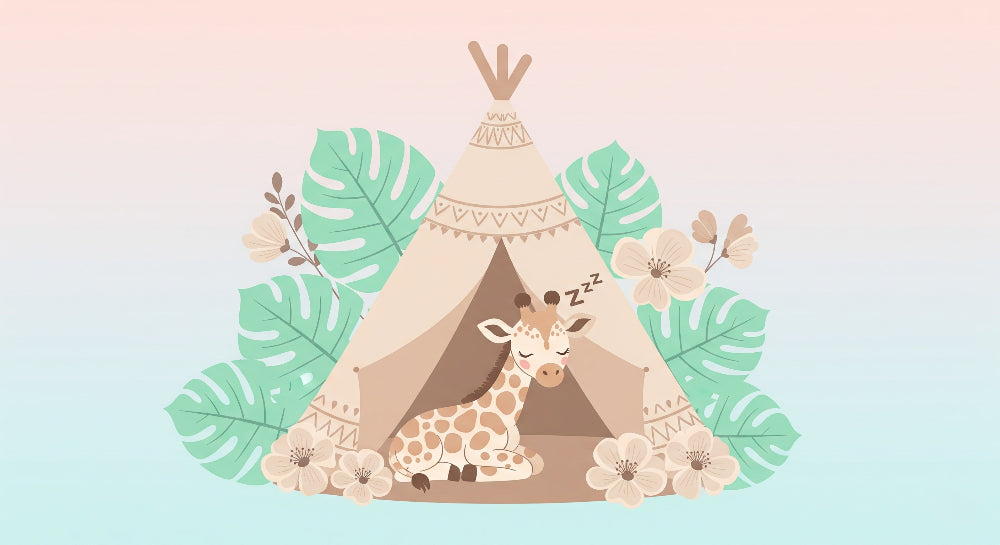 Detailed sleeping giraffe teepee mural wallpaper design pattern by Kids-Mundo