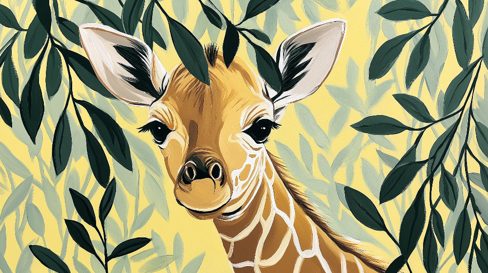 Detailed giraffe mural wallpaper design pattern with foliage on yellow background by Kids-Mundo