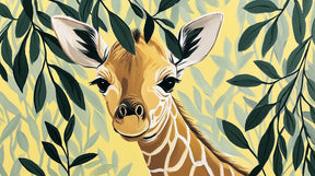Detailed giraffe mural wallpaper design pattern with foliage on yellow background by Kids-Mundo