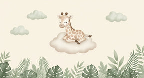 Detailed giraffe on cloud mural wallpaper design pattern with tropical foliage by Kids-Mundo