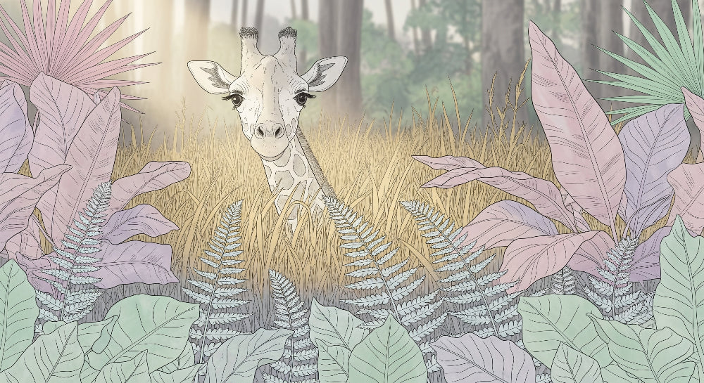 Detailed giraffe and tropical leaves mural wallpaper design pattern by Kids-Mundo